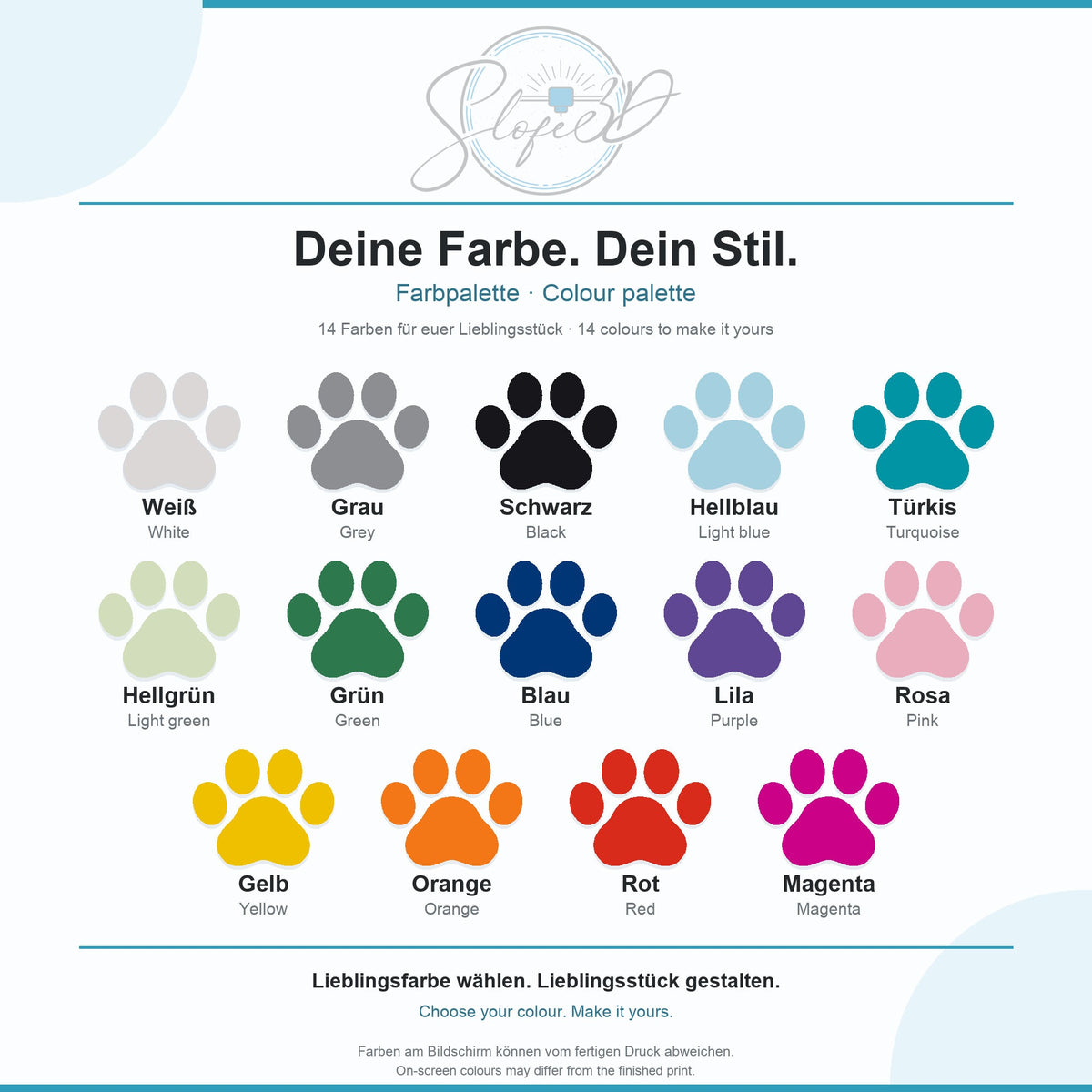 SLOFE3D Farbpalette – 14 Farben als Katzenpfoten, Deutsch / Englisch: Weiß, Grau, Schwarz, Hellblau, Türkis, Hellgrün, Grün, Blau, Lila, Rosa, Gelb, Orange, Rot und Magenta.