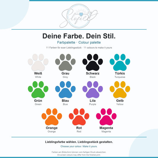 SLOFE3D Farbpalette für Matten – 11 Farben als Katzenpfoten, Deutsch / Englisch: Weiß, Grau, Schwarz, Türkis, Grün, Blau, Lila, Gelb, Orange, Rot und Magenta.