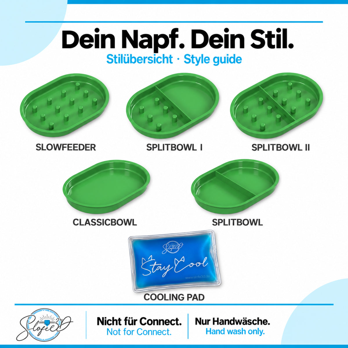 Flache SLOFE3D-Näpfe für SureFeed® im Vergleich: Classicbowl, Slowfeeder, Splitbowl, Splitbowl I und Splitbowl II; darunter ein blaues Kühlpad.