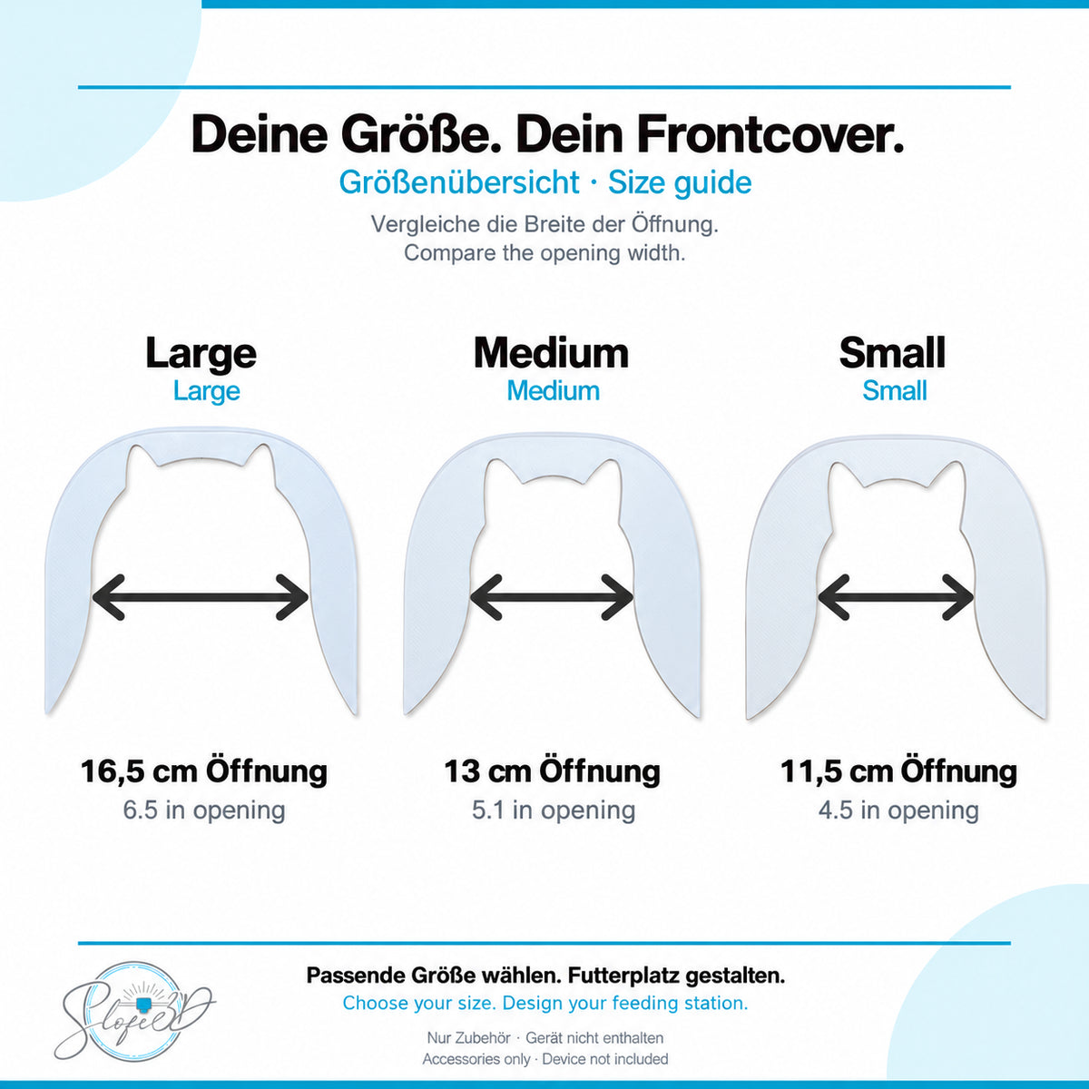 Frontcover Größenübersicht / Size guide: Large 16,5 cm, Medium 13 cm, Small 11,5 cm Öffnung / opening.