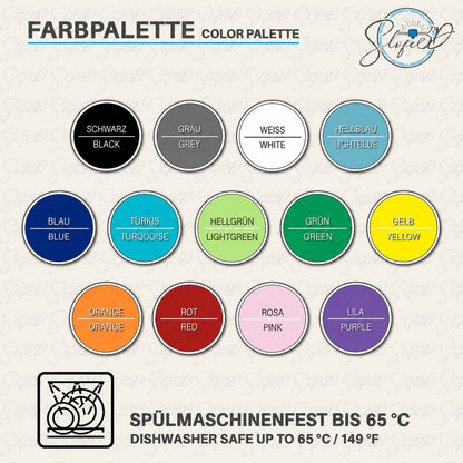 Dishwasher-safe SLOFE3D bowl colour chart: black, grey, white, light blue, blue, turquoise, light green, green, yellow, orange, red, pink and purple. Note: dishwasher-safe up to 65 °C.
