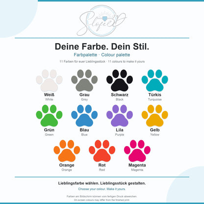 SLOFE3D Farbpalette für Matten – 11 Farben als Katzenpfoten, Deutsch / Englisch: Weiß, Grau, Schwarz, Türkis, Grün, Blau, Lila, Gelb, Orange, Rot und Magenta.