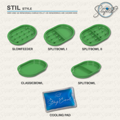 Comparison of shallow SLOFE3D bowls for SureFeed®: Classicbowl, Slowfeeder, Splitbowl, Splitbowl I and Splitbowl II, with a blue cooling pad underneath.