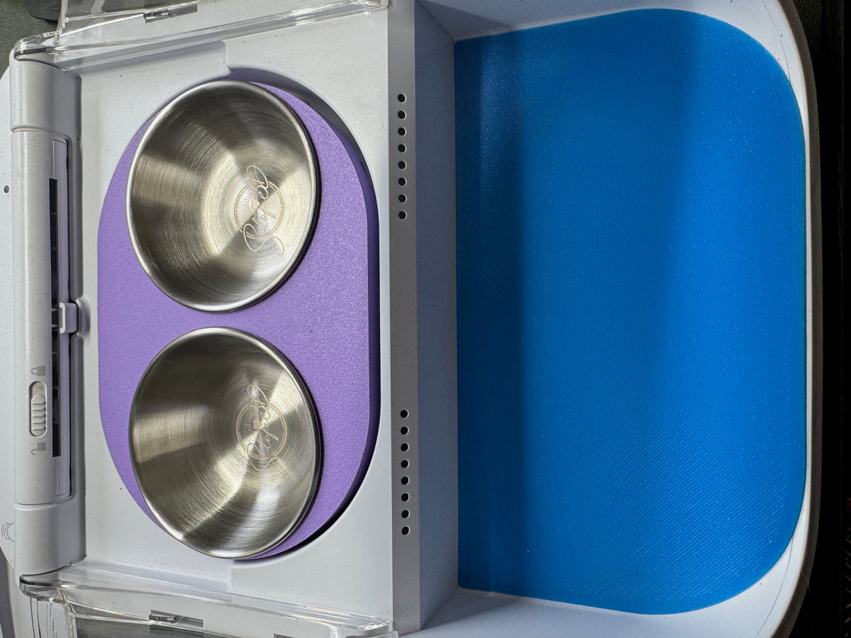 Standard twin bowl adaptor for SureFeed Connect: a single-piece purple frame with two 90 ml stainless steel bowls