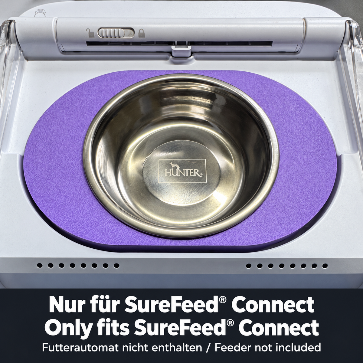 Purple single-bowl adaptor with a stainless steel bowl: only fits SureFeed Connect. Feeder not included.