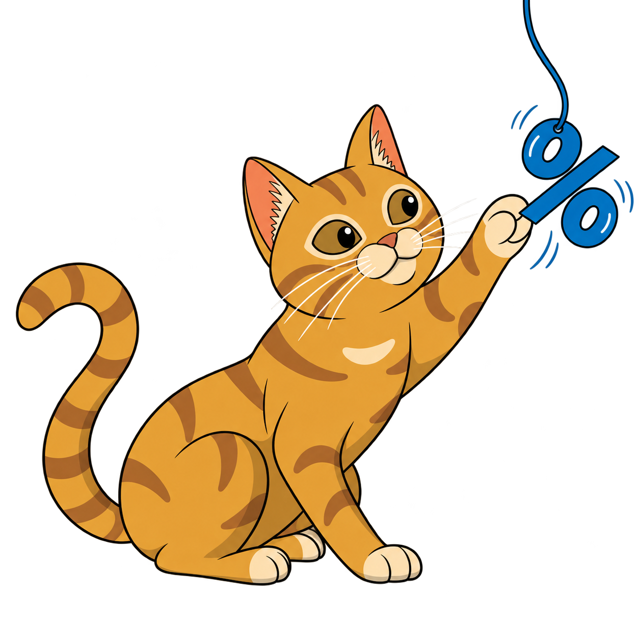 Weasley auf Rabattjagd: orangefarbener Comic-Kater fängt ein Prozentzeichen.