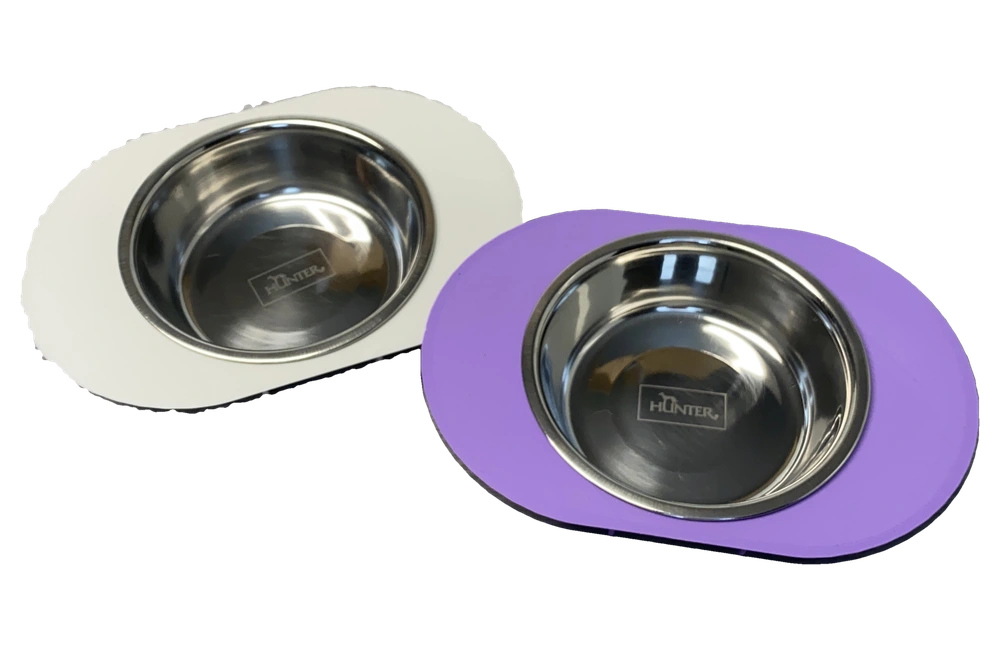 Two example designs: white and purple adapters, each with a stainless steel bowl.